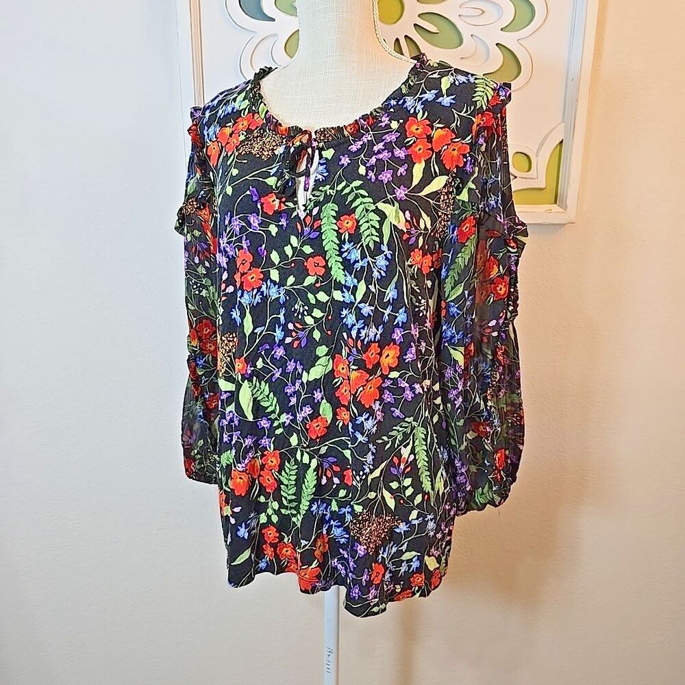 Maeve Anthropologie Black Floral Semi-Sheer Ruffle Sleeve Blouse Top Women's XL